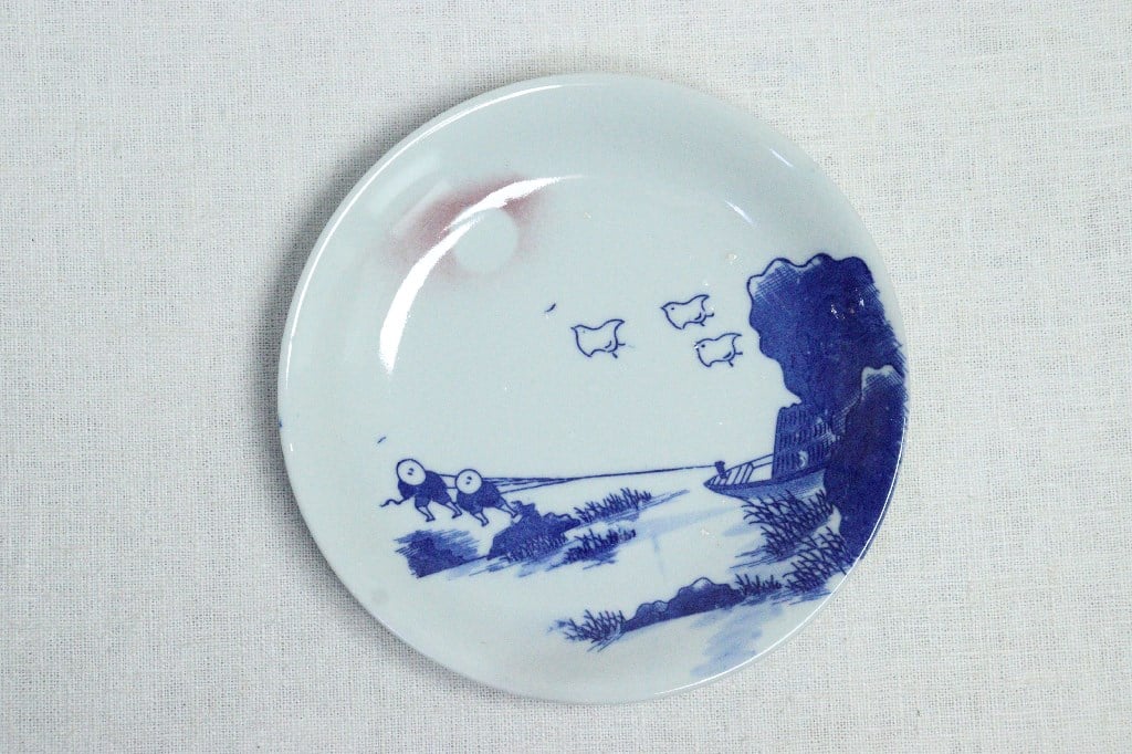 明治後期～大正銅判舟引き人物と千鳥図5.5寸皿 | 吉祥寺PukuPuku