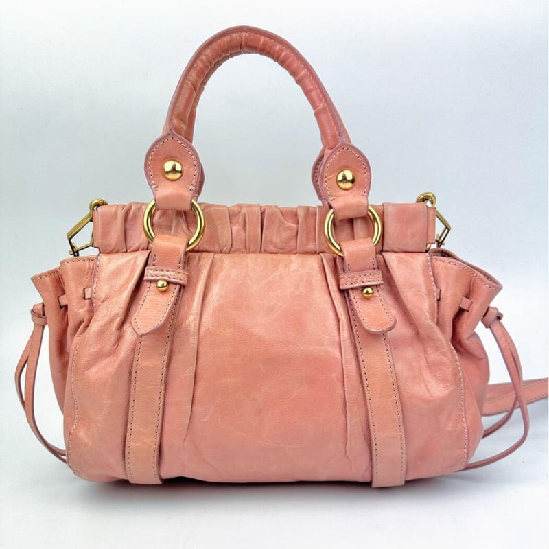 ミュウミュウ 2wayショルダー ギャザー ピンクレザー ハンドバッグ