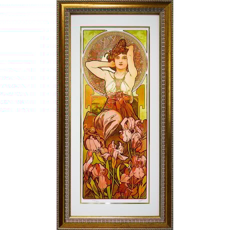 ☆ 版画 ミュシャ 「アメジスト：四つの宝石」 ピエゾグラフ 額入り