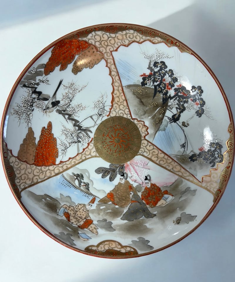 希少!!】九谷造 色絵 金彩 [松竹梅鳥文風景窓絵 粉彩人物絵] 大皿 平皿