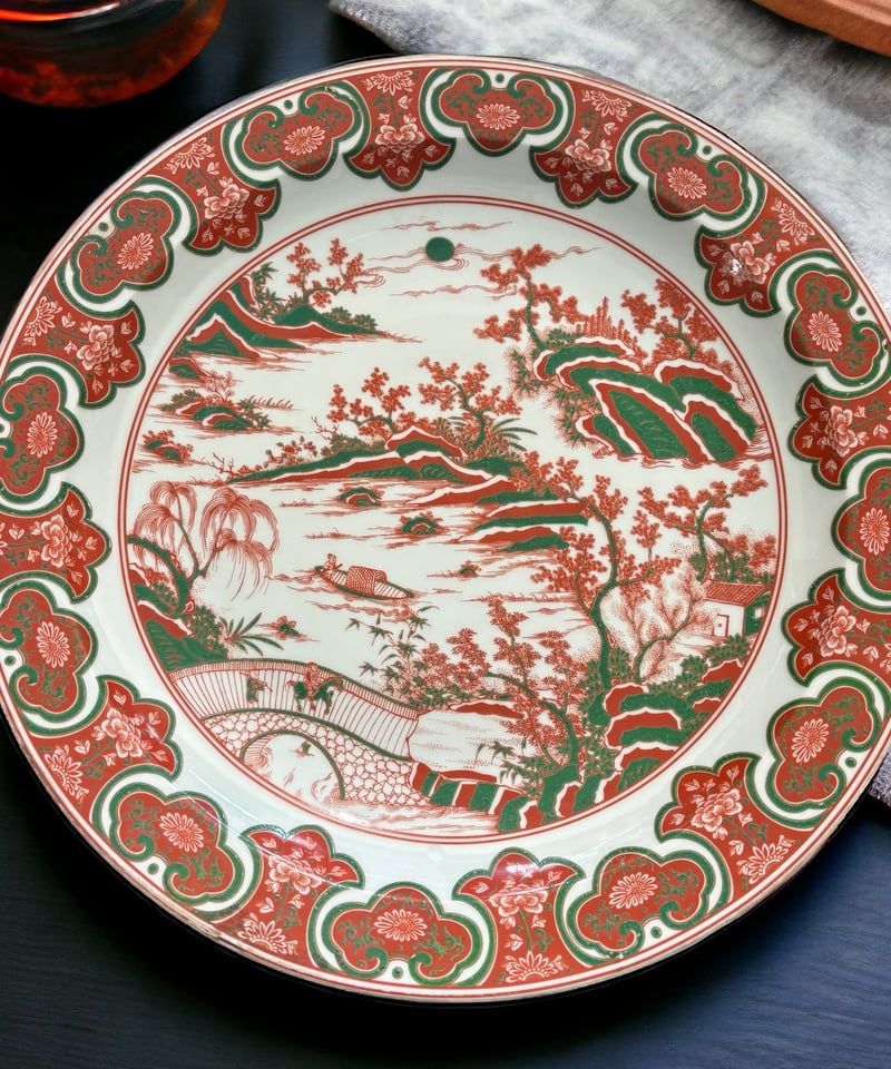 大清康熙年製 赤絵【風景・梅・松】大皿 丸皿 中国美術 盛り皿 飾り皿