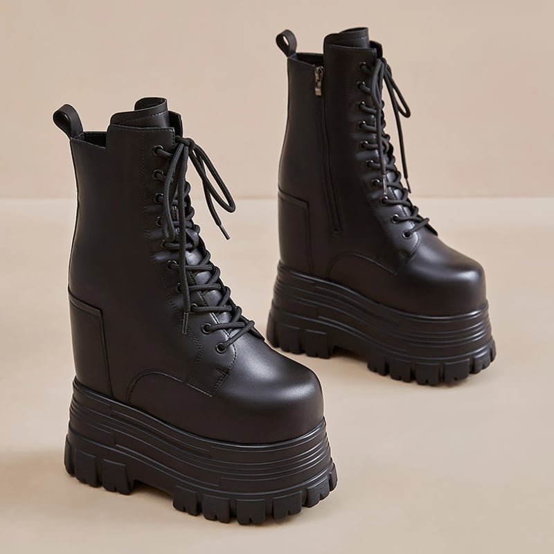 22㎝】シークレットブーツ レースアップ ショートブーツ ブラック 10