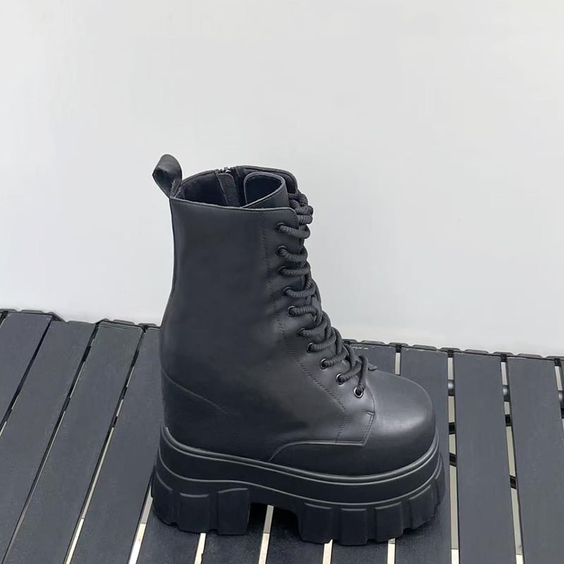 22㎝】シークレットブーツ レースアップ ショートブーツ ブラック 10