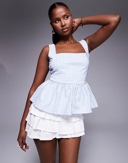 River Island gingham peplum top in light blue | ASOS