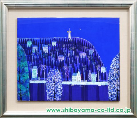 早川義孝「リラ咲く村の夜」油彩 15号 :: 絵画買取・販売 - シバヤマ