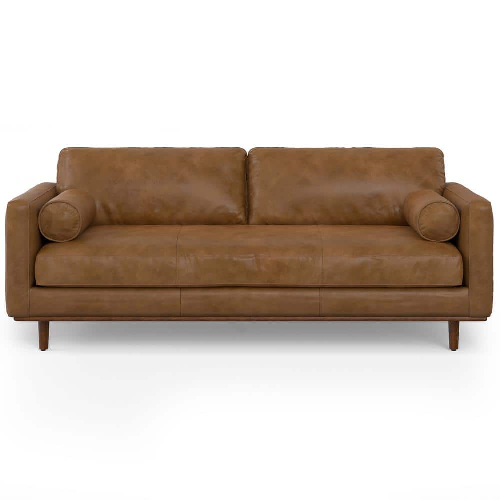 Simpli Home Morrison 89 in Straight Arm Genuine Leather Rectangle