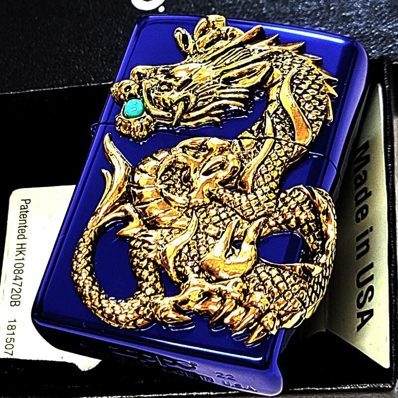 ZIPPO ライター 一点物 レアナンバー [No.100] 限定 ドラゴンメタル 青