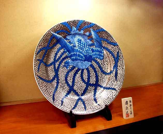 有田焼 陶芸家 藤井錦彩作】有田焼美術品 染錦プラチナ彩鳳凰絵飾り