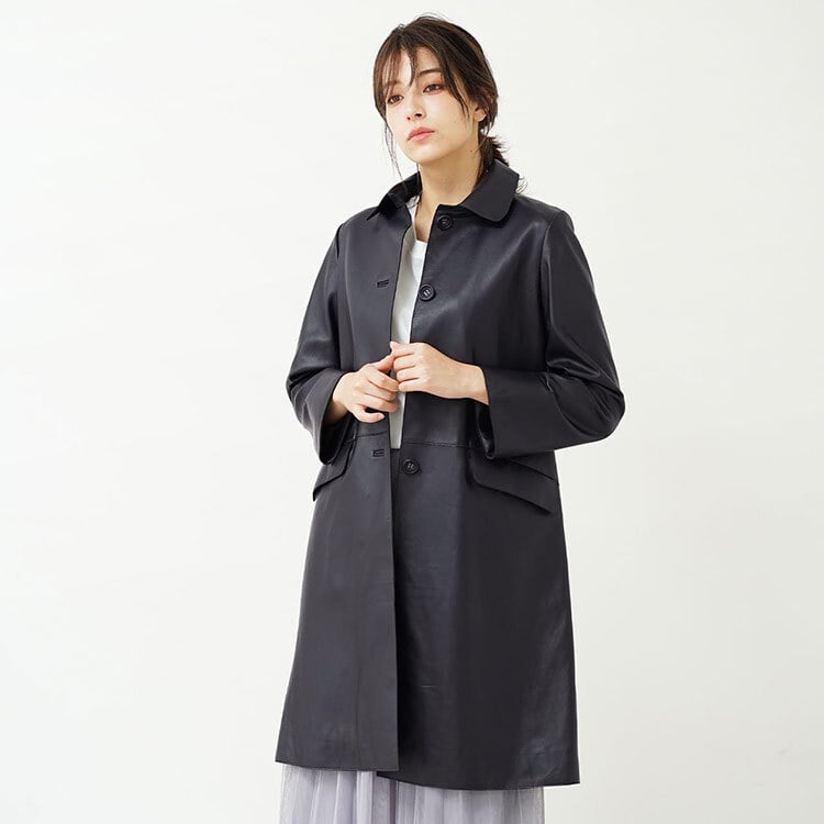 本革 レザーコート レディース ラム革 軽い 秋 ステンカラー ロング