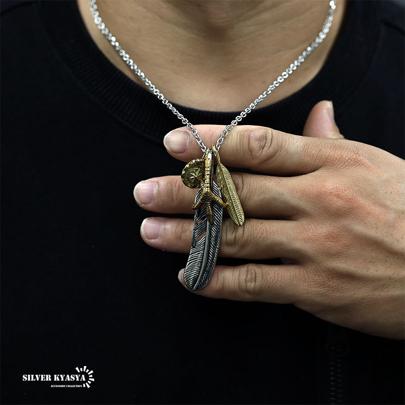 ステンレス 三連フェザーネックレス メンズ シルバー 特大フェザー