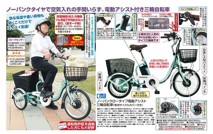 ノーパンク ロータイプ電動アシスト三輪自転車 パンクしない 低床 高齢