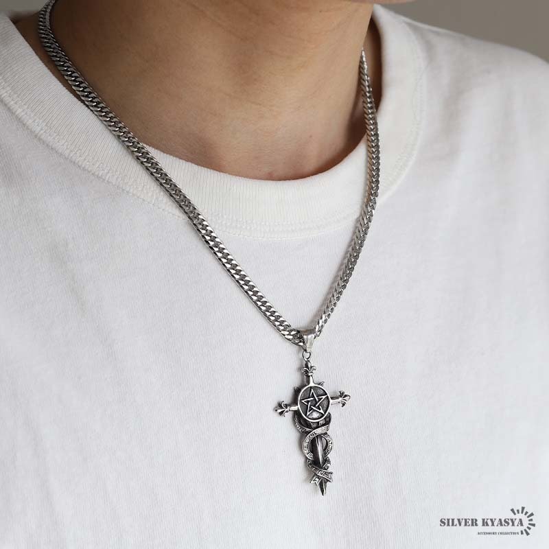 ステンレス クロスネックレス 五芒星ネックレス シルバー ダブル喜平