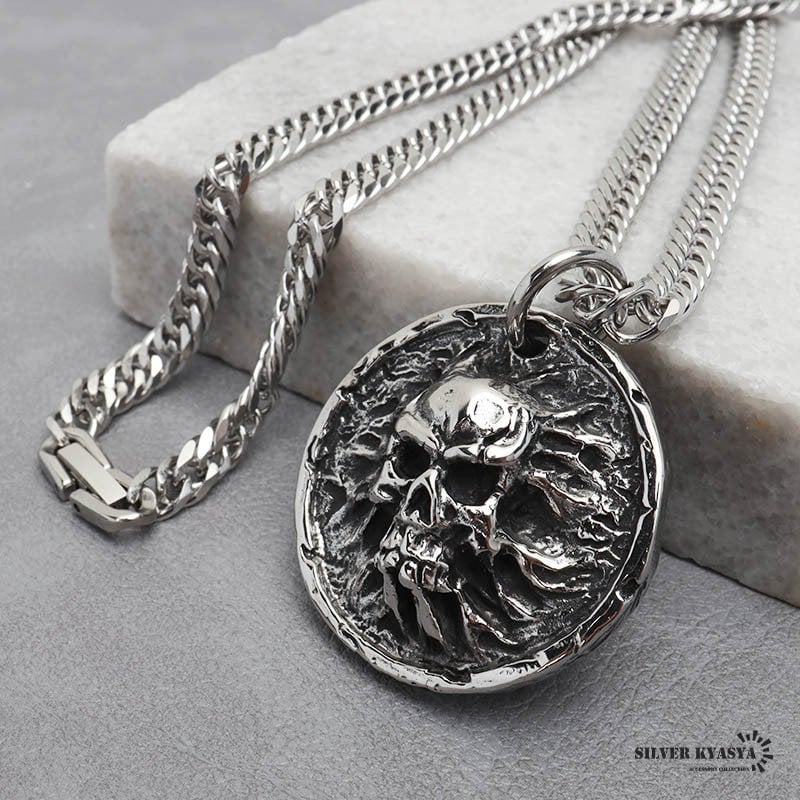 ステンレス メダルネックレス スカルネックレス シルバー ダブル喜平