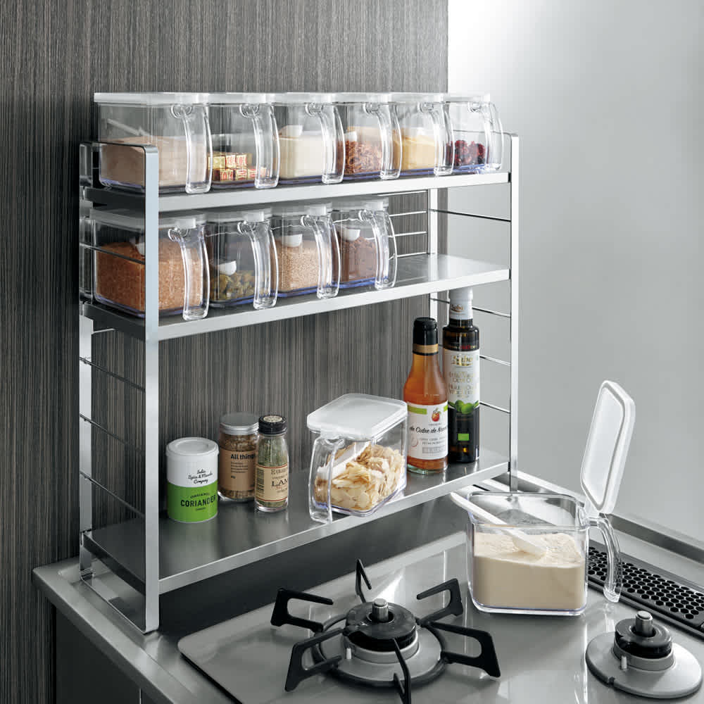 コンロ脇で使えるステンレス棚スパイスラック（調味料ポット6個付き