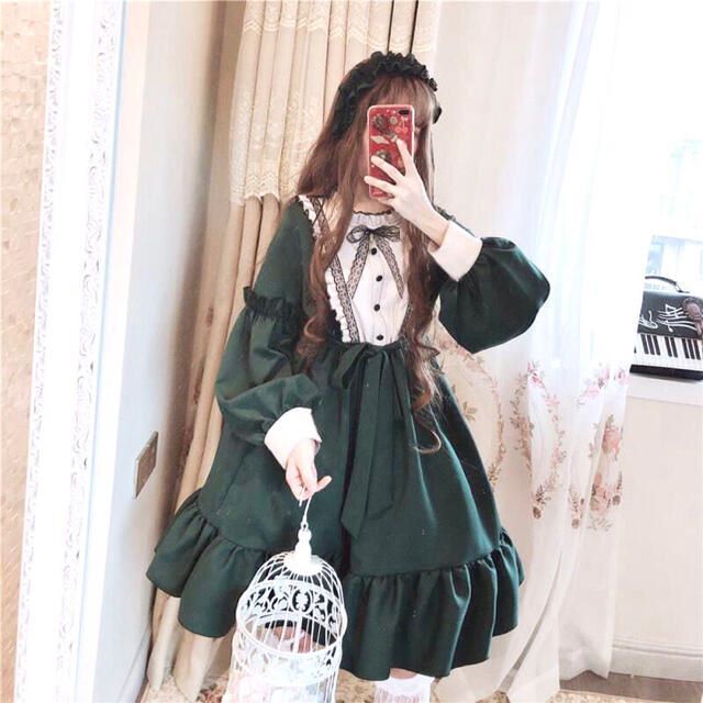レトロ フリル ワンピース グリーン レディース 衣装 ドレス 緑 りぼん