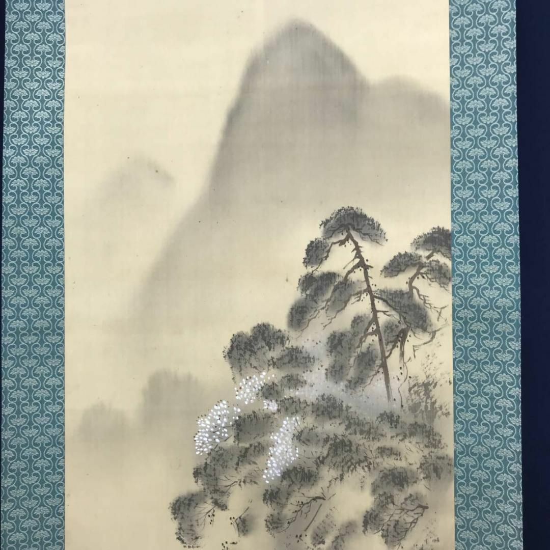 真作】霞舟/桜花山水筏下り図/嵐峡/嵐山/山水図/掛軸☆宝船☆AB-731の