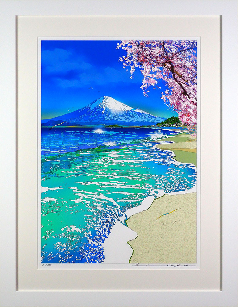 版画 鈴木英人 「湘南の春」 シリアルナンバー入り フレーム付き 直筆