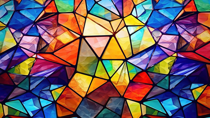 幾何学的なモザイクの未来的なステンド グラス、デザインのカラフルな
