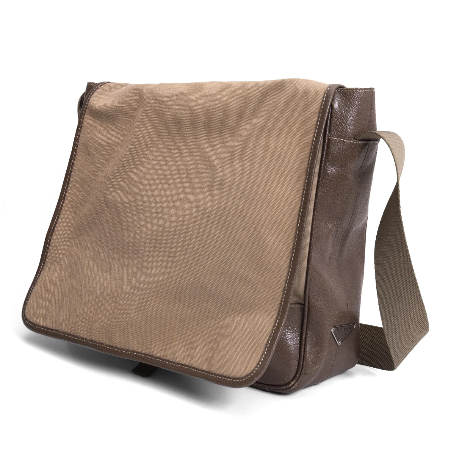 プラダPRADA レザー切替キャンバスメッセンジャーバッグ モカ (K-168114)