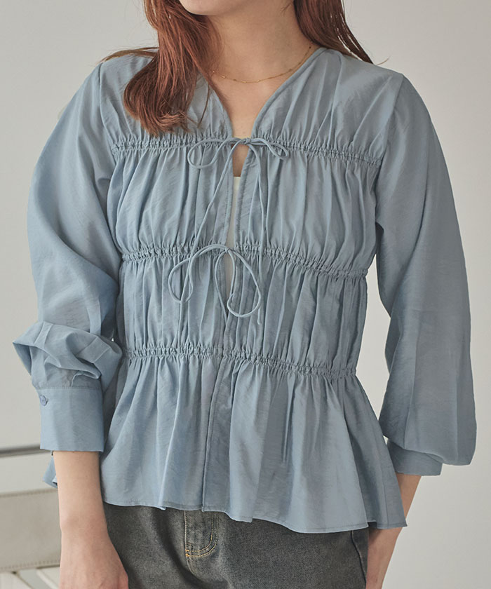 シャーリングギャザーリボンブラウス | titivate