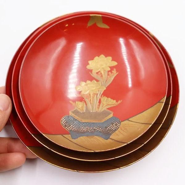 朱塗り蒔絵三ツ盃 アンティーク祝い飾り生け花用途多彩