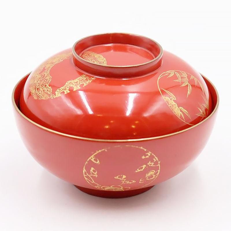漆器 蓋椀 朱塗り 沈金入り 大正昭和初期 直径11.5cm