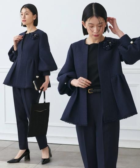 ノーカラーツイードペプラムパンツスーツ 「SU1488」