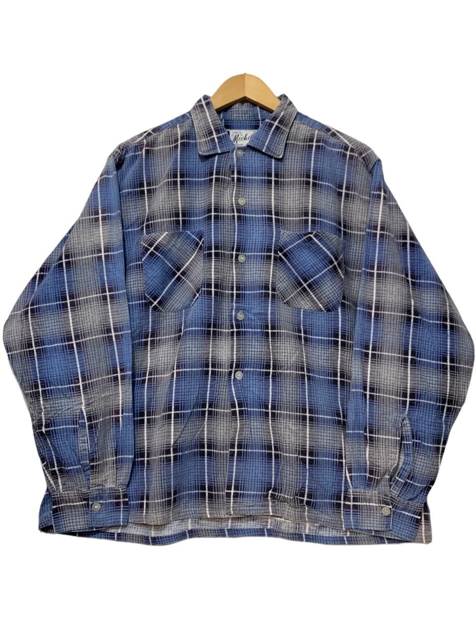 70s Michel Print Flannel L/S Shirt 青灰 L プリント 長袖 プリント