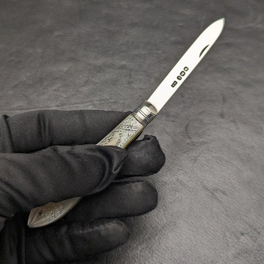 1895年 英国アンティーク 白蝶貝ハンドル 純銀ブレード 折りたたみ