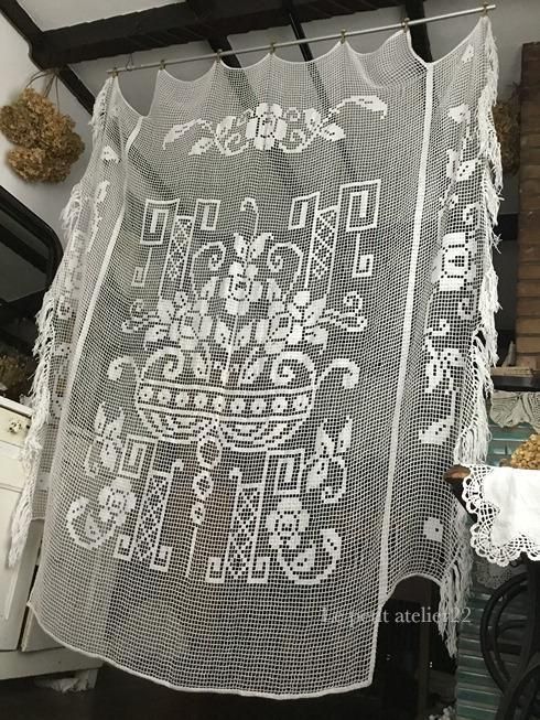 特大) フランス アンティーク コットン フィレレース ベッドカバー