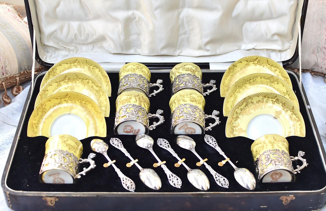 英国アンティーク銀器【純銀】コーヒーデミタスカップセット William