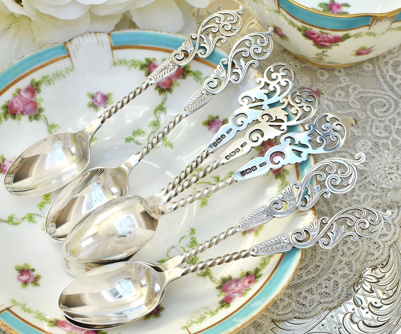 英国アンティーク銀器【純銀】1907年 透かしのティースプーンセット