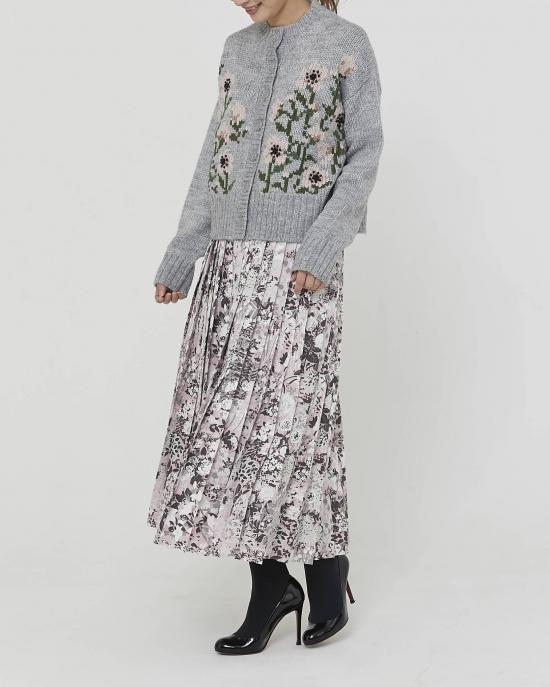 フラワー刺繍ニットカーディガン(グレー) - seventen