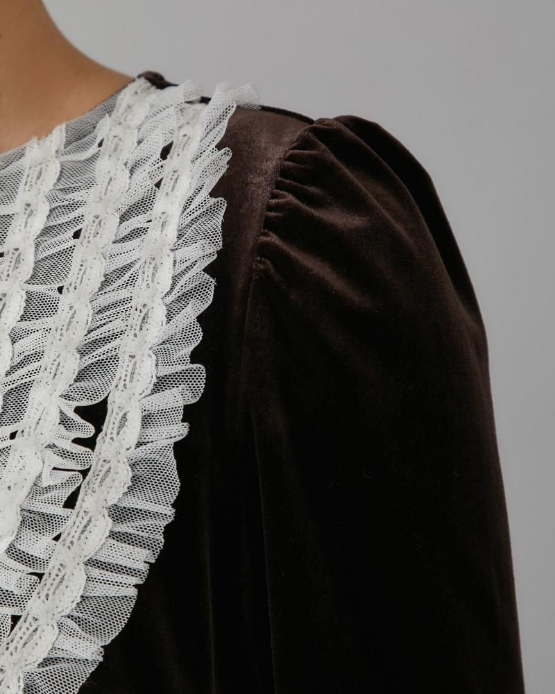 チュールフリルベロアトップス(ブラウン) - seventen