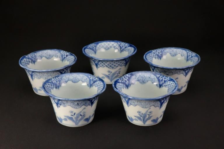 伊万里染付輪花形草花文変形向付 五客組 / Imari Blue & White