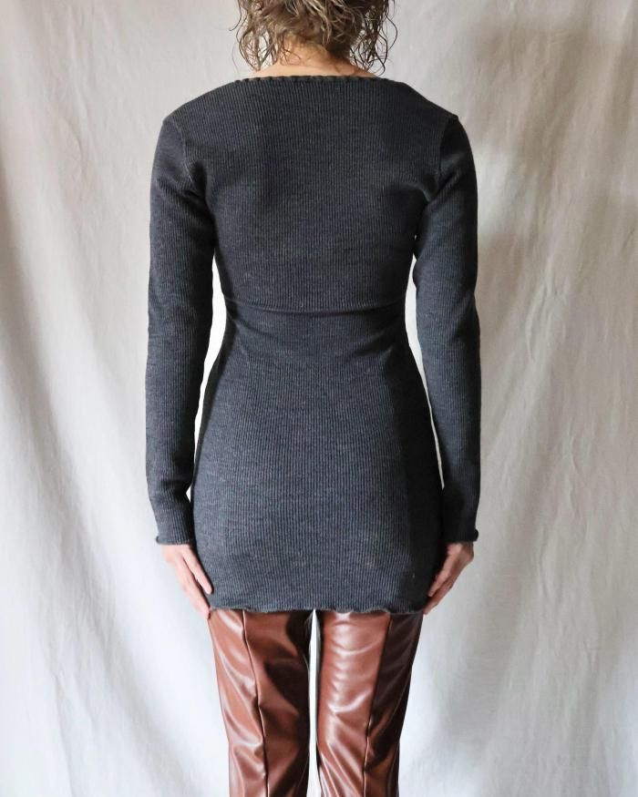 FUMIKA UCHIDA： RIB STITCH HENLEY NECK UNDERWEAR - TOP CHARCOAL