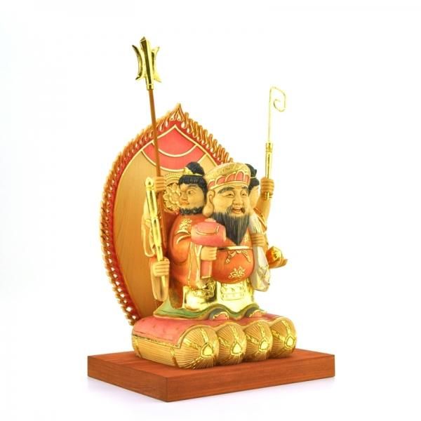 木彫り仏像 【三面大黒天】 桧木 立3.0寸 淡彩切金 総高25cm