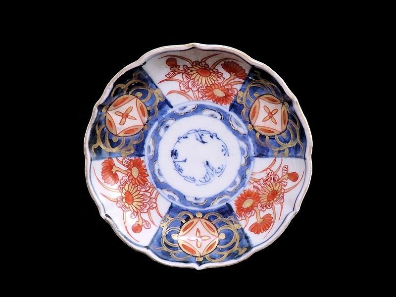 古伊万里 染錦 描分菊に七宝紋図 4寸皿 5枚セット