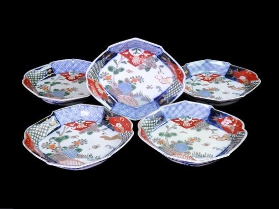 古伊万里 色絵 紫陽花に蝶図 松皮菱形変形皿 5客セット