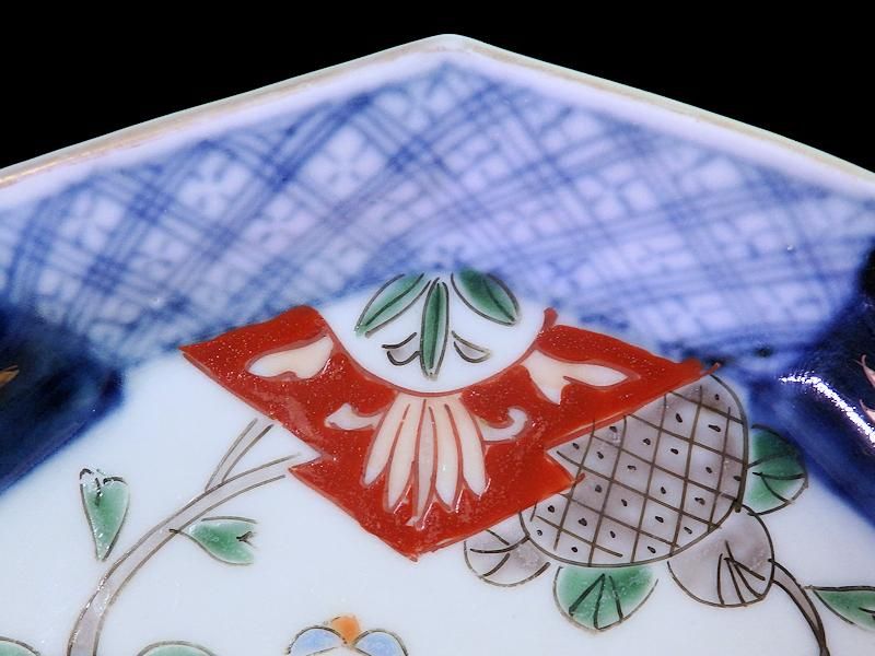 古伊万里 色絵 紫陽花に蝶図 松皮菱形変形皿 5客セット