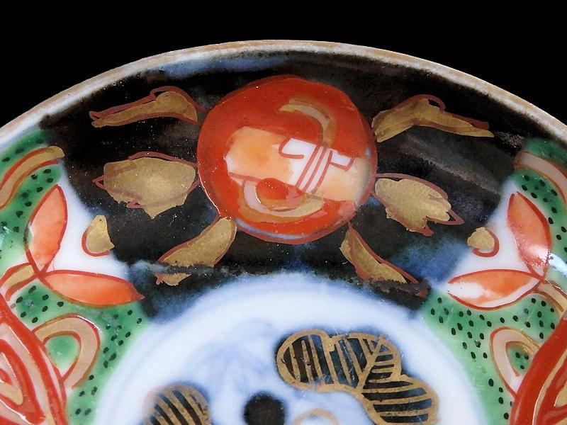 古伊万里 色絵 巻物に花図 変形豆皿 珍品