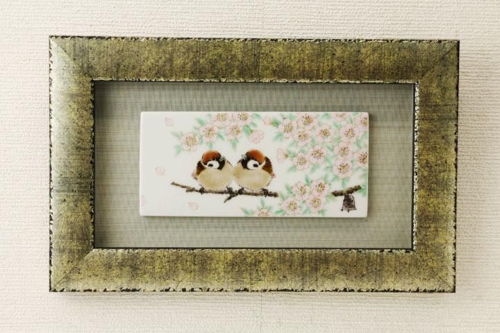 擦金箔額（短冊小）桜二雀図/中村陶志人