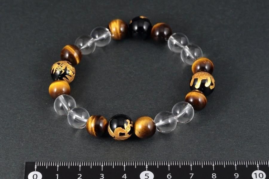 四神彫りオニキス12mm×タイガーアイ×水晶 天然石ブレスレット｜キラリ石