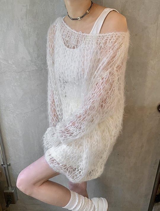 TOFFS - White hand knitted mohair fishnet sweater《Made in France