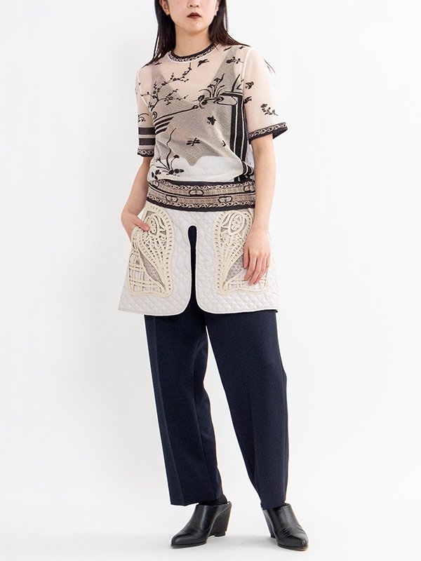 Nature Pattern Sheer Knitted Crew Neck Top-ネーチャーパターン