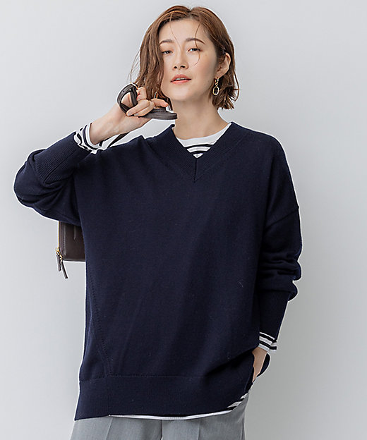 洗える】ウールミドルゲージ Vネック チュニック ニット