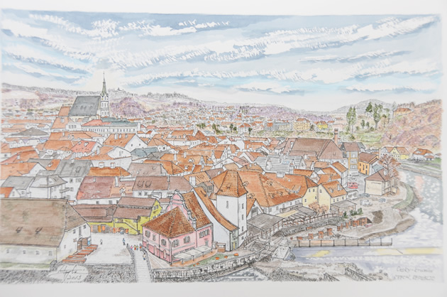 チェスキー・クルムロフ ペン水彩画｜ペン水彩画 KIMIO IWAZAKI（岩崎