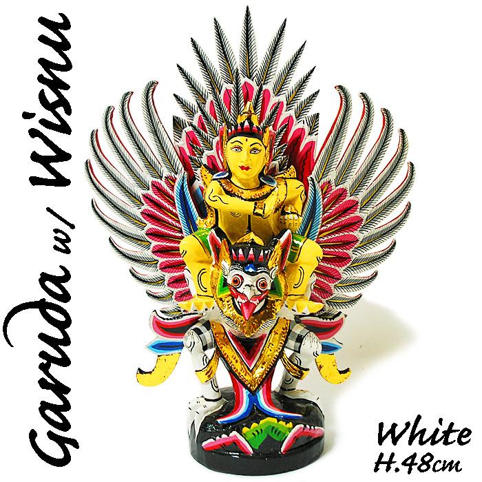 霊鳥ガルーダとWISNU神［H.48cm］白黄 現品限り 木製 オブジェ 置物