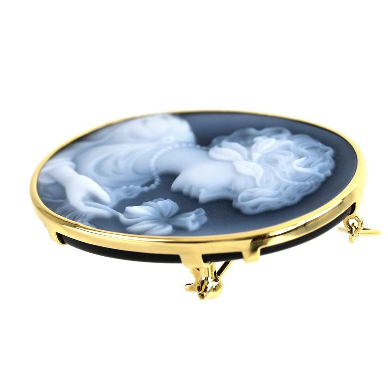 カメオ ブローチ 青 メノウカメオ K18枠 K18YG 2WAYブローチ