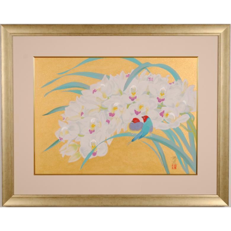 蘭 絵画 花 鳥 日本画 和風 リトグラフ 版画 藤島博文 「蘭夢」 額付き